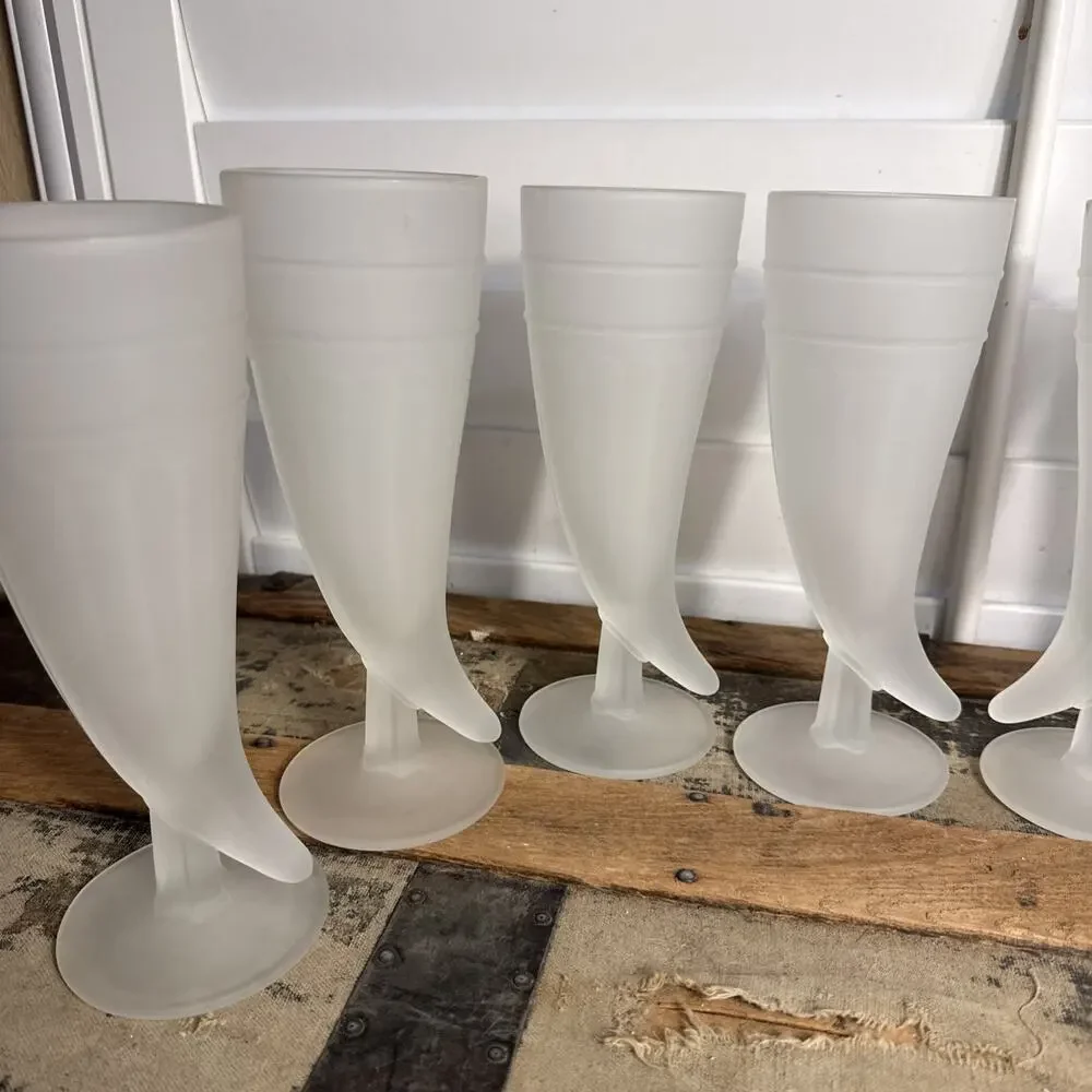 Vintage Tiara Exclusives Frosted Glass Powder Horn Pilsner Glasses Set of 8